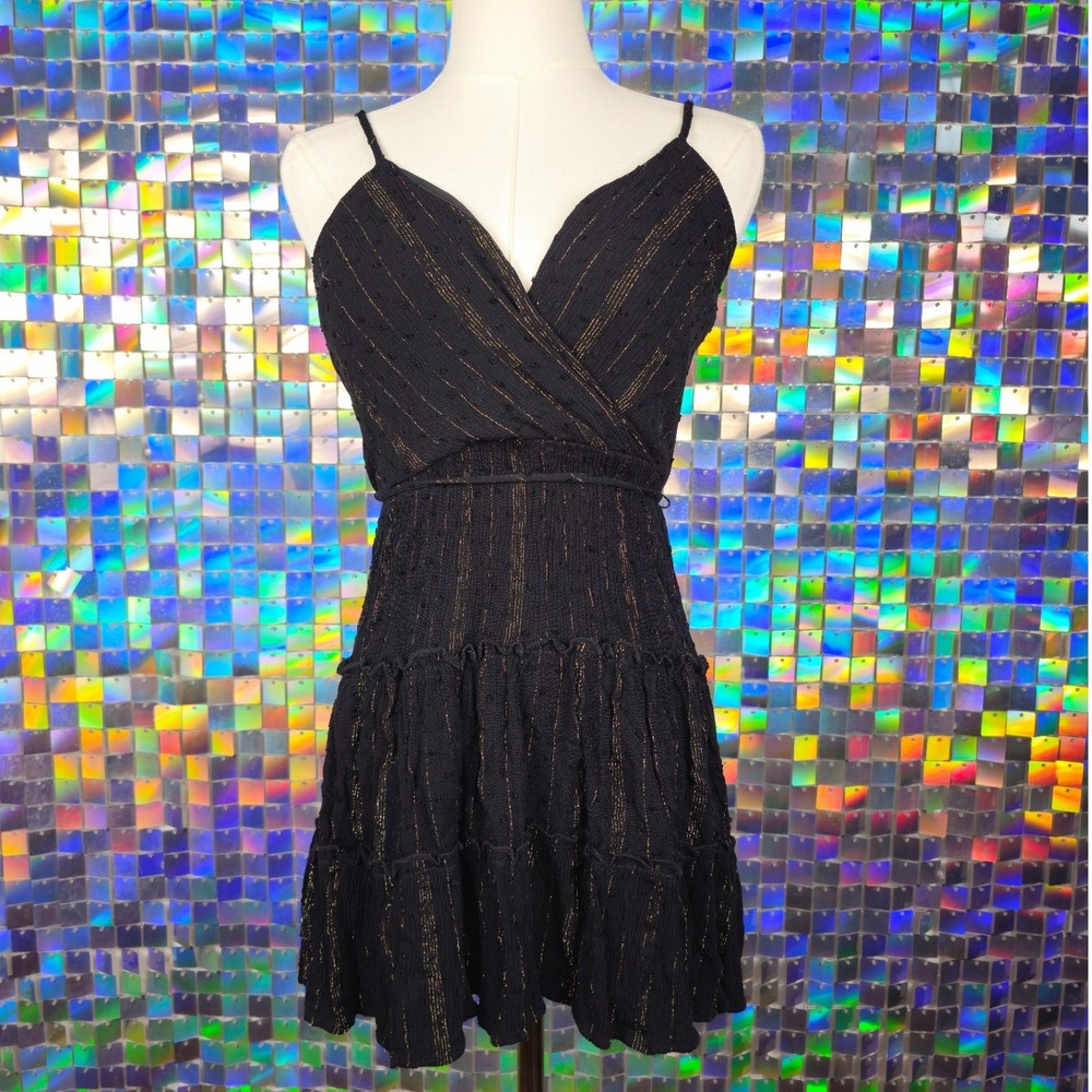 Blue Rain Mini Dress Womens‎ Small Black Gold Metallic Tiered Ruffle Excellent